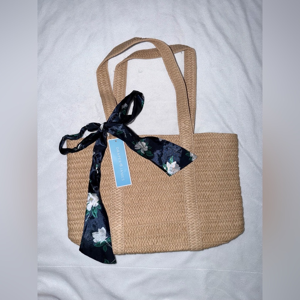 Draper James Tan Woven Tote with Navy Floral Scarf Accent